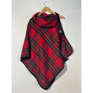 Top It Off Red Plaid Button Poncho Wrap Oversized Tartan Shawl One Size